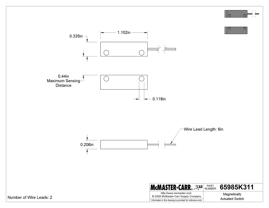 Technical Drawing of Magnetically Actuated Switch, Wire Leads, Plastic, SPST-NO, 200V DC,.44" Maximum Sensing.